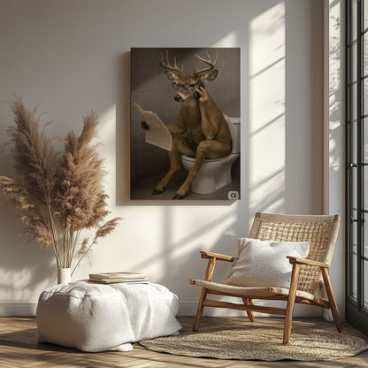 Bathroom Humor Canvas Print Buck on Toilet Taking a Call Wall Decor