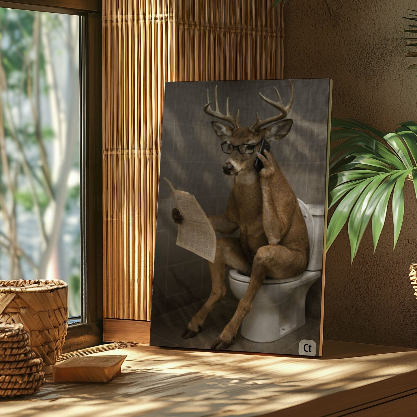 Bathroom Humor Canvas Print Buck on Toilet Taking a Call Wall Decor