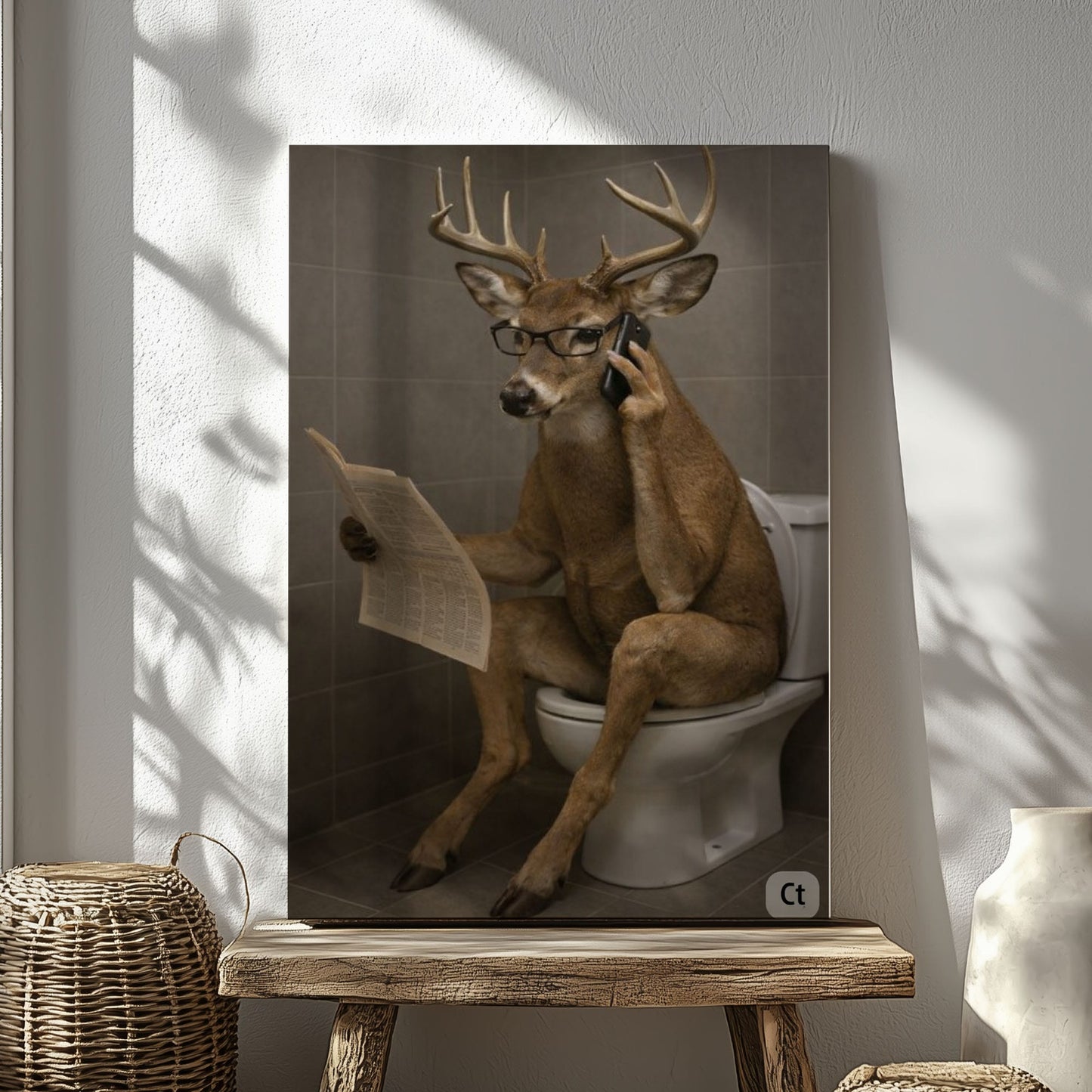 Bathroom Humor Canvas Print Buck on Toilet Taking a Call Wall Decor