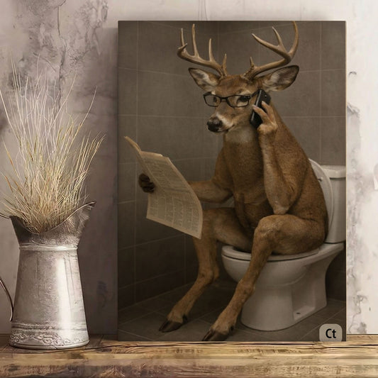 Bathroom Humor Canvas Print Buck on Toilet Taking a Call Wall Decor