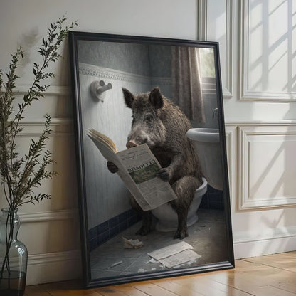 Wild Boar Bathroom Wall Art Canvas Print Hog Reading Newspaper on Toilet