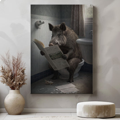 Wild Boar Bathroom Wall Art Canvas Print Hog Reading Newspaper on Toilet