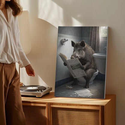 Wild Boar Bathroom Wall Art Canvas Print Hog Reading Newspaper on Toilet
