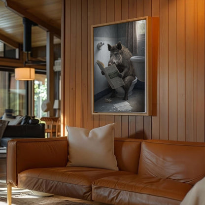 Wild Boar Bathroom Wall Art Canvas Print Hog Reading Newspaper on Toilet