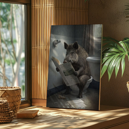 Wild Boar Bathroom Wall Art Canvas Print Hog Reading Newspaper on Toilet