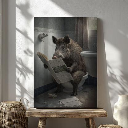Wild Boar Bathroom Wall Art Canvas Print Hog Reading Newspaper on Toilet