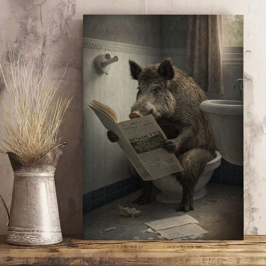 Wild Boar Bathroom Wall Art Canvas Print Hog Reading Newspaper on Toilet