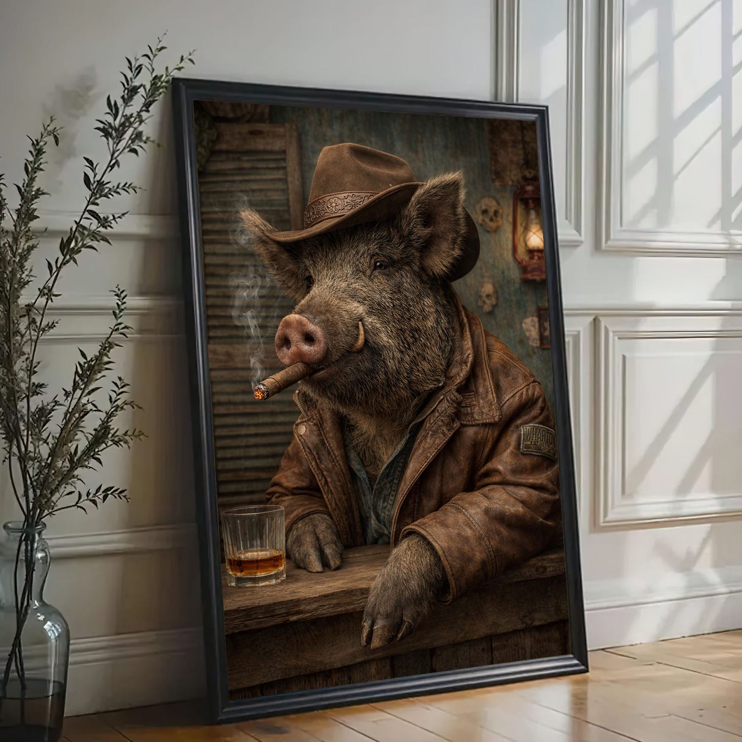 Cowboy Boar Canvas Wall Art Whiskey Bar Saloon Decor