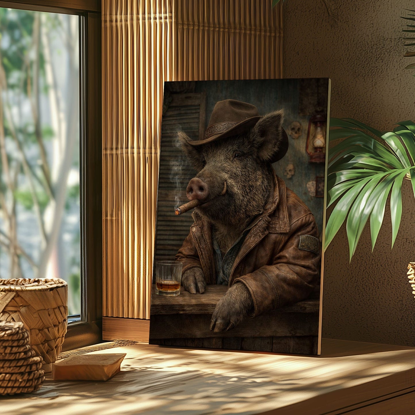 Cowboy Boar Canvas Wall Art Whiskey Bar Saloon Decor