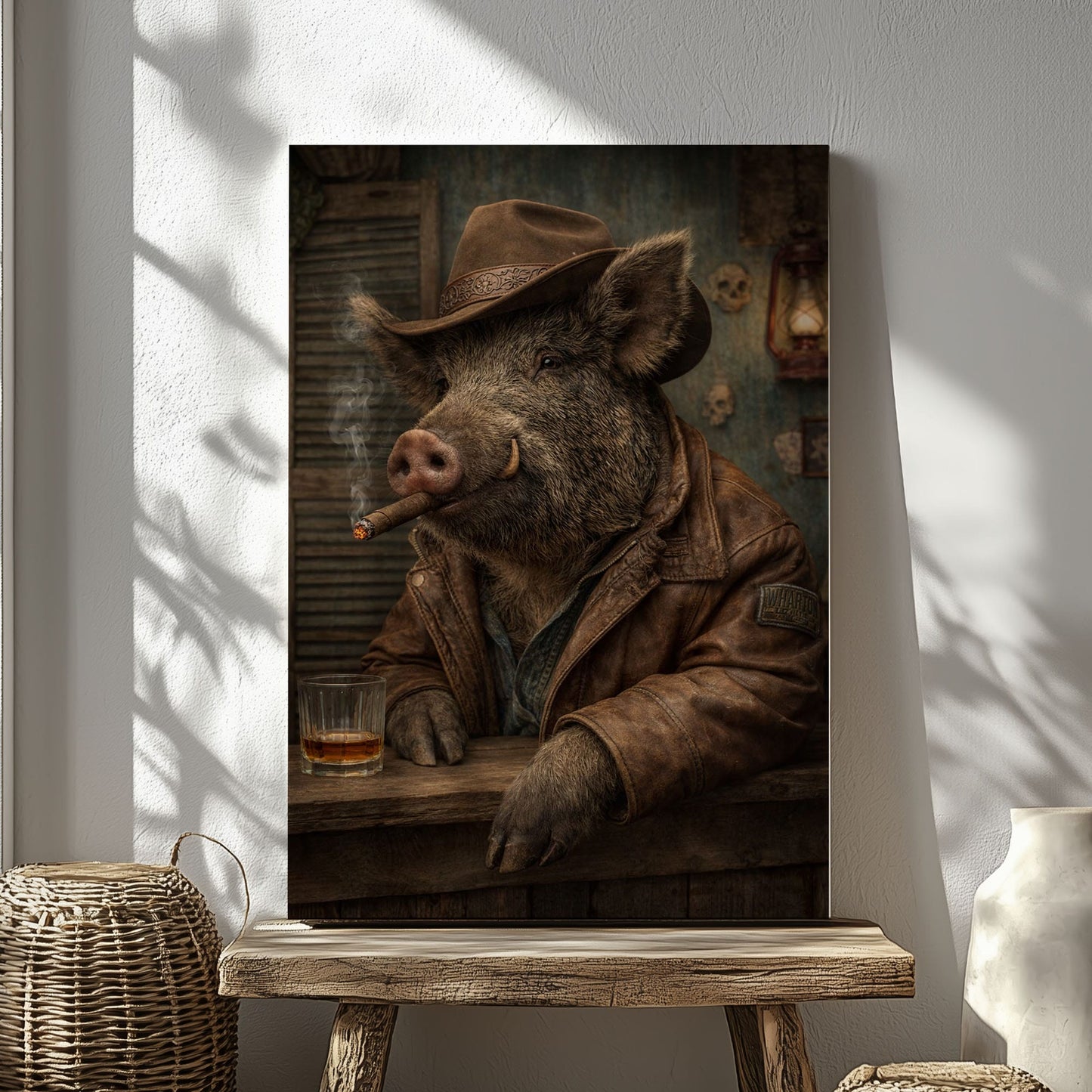 Cowboy Boar Canvas Wall Art Whiskey Bar Saloon Decor