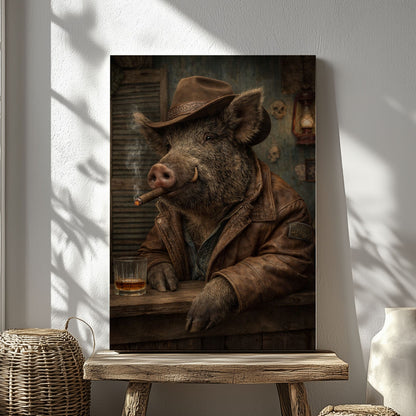 Cowboy Boar Canvas Wall Art Whiskey Bar Saloon Decor