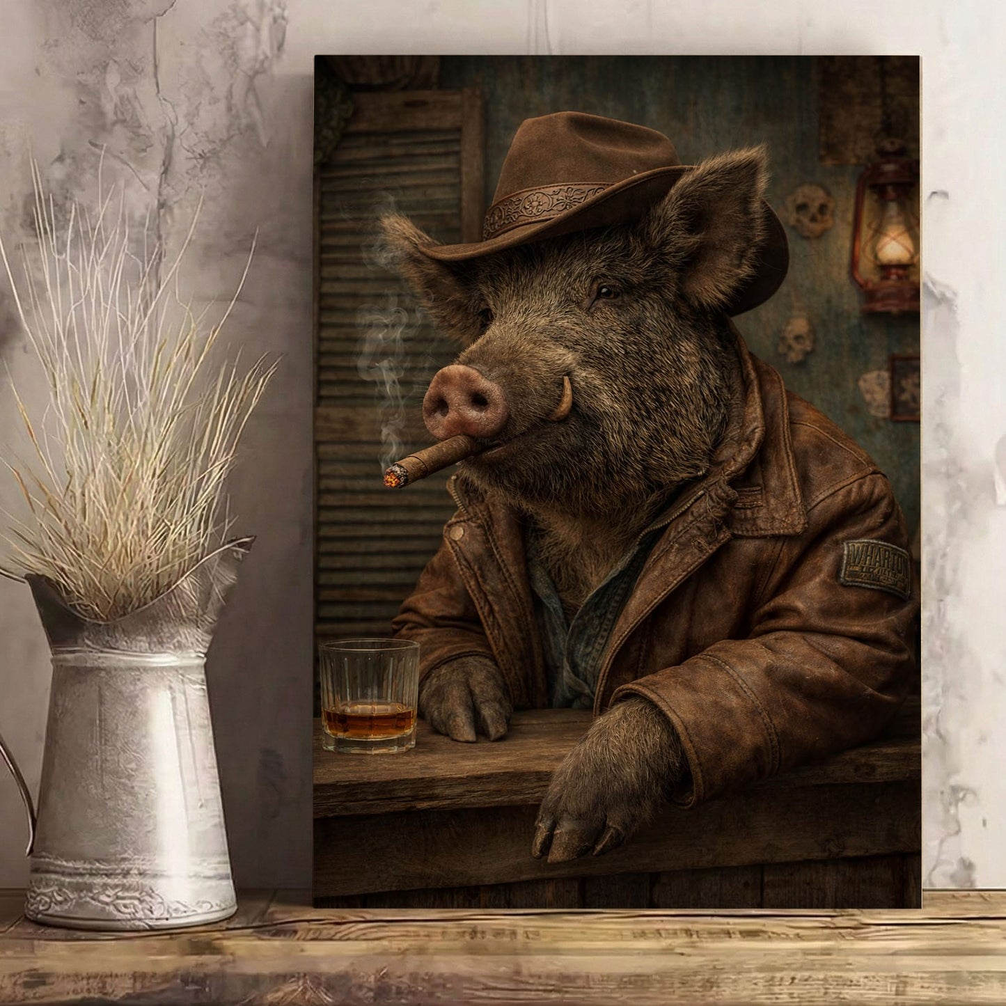 Cowboy Boar Canvas Wall Art Whiskey Bar Saloon Decor