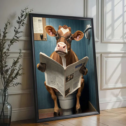 Cow Bathroom Wall Art Canvas Print Reading Newspaper on Toilet Funny Decor