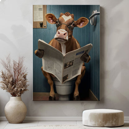 Cow Bathroom Wall Art Canvas Print Reading Newspaper on Toilet Funny Decor
