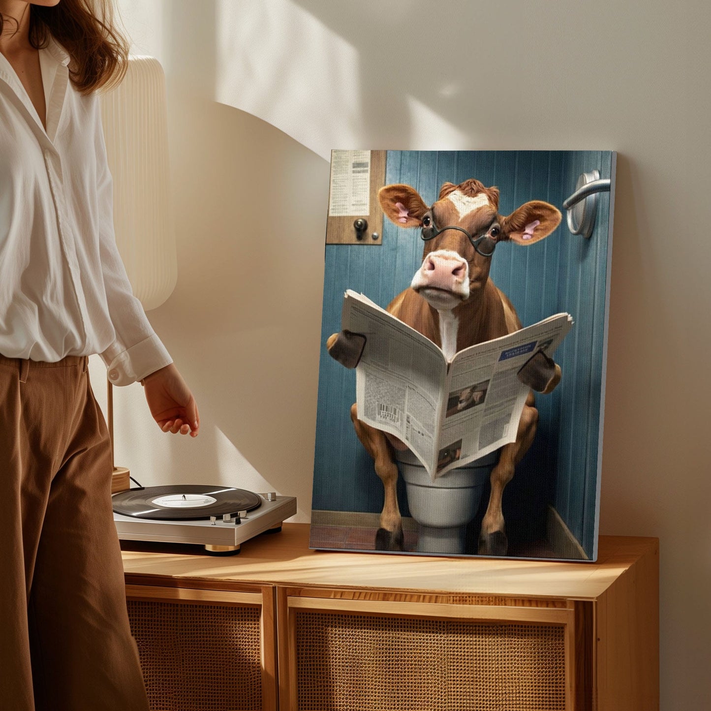 Cow Bathroom Wall Art Canvas Print Reading Newspaper on Toilet Funny Decor