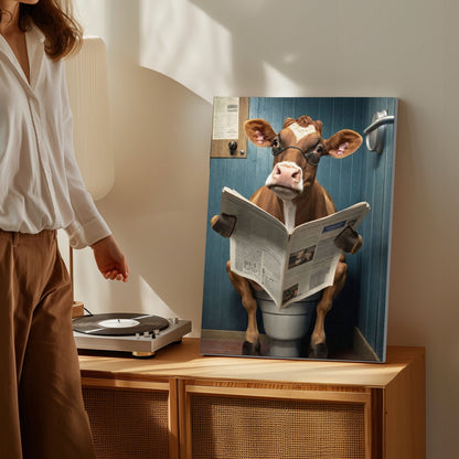 Cow Bathroom Wall Art Canvas Print Reading Newspaper on Toilet Funny Decor