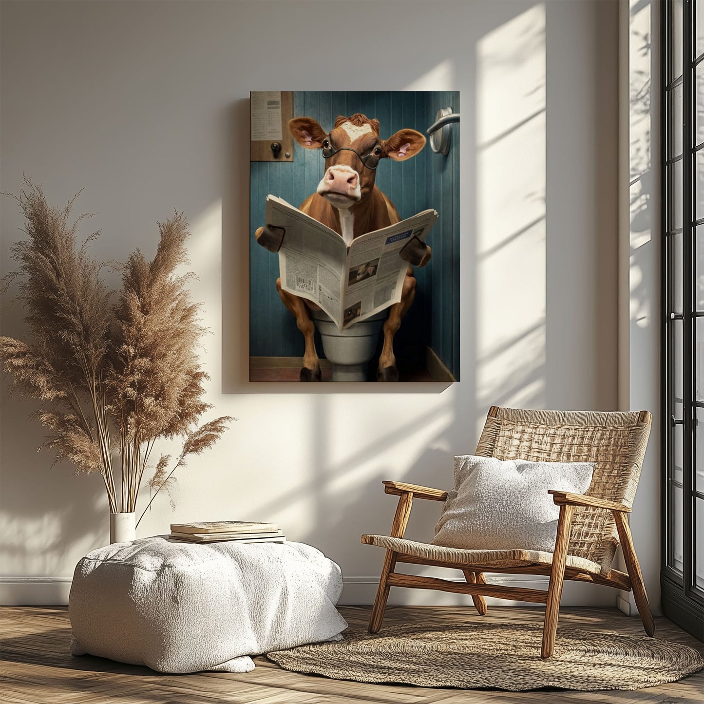Cow Bathroom Wall Art Canvas Print Reading Newspaper on Toilet Funny Decor