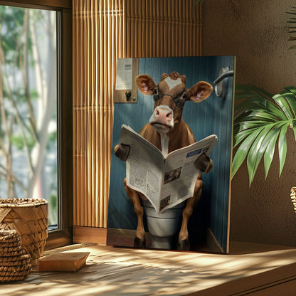 Cow Bathroom Wall Art Canvas Print Reading Newspaper on Toilet Funny Decor