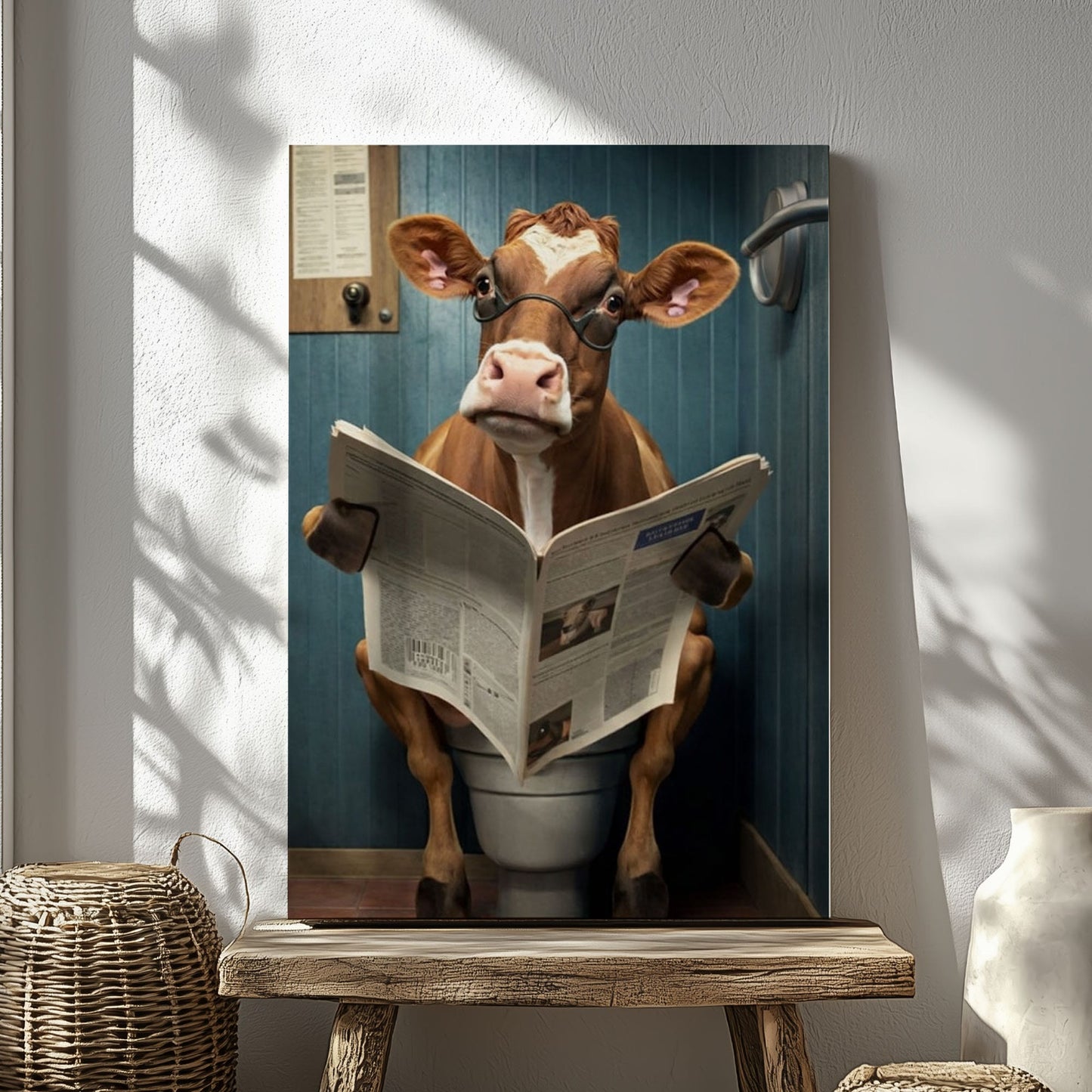 Cow Bathroom Wall Art Canvas Print Reading Newspaper on Toilet Funny Decor
