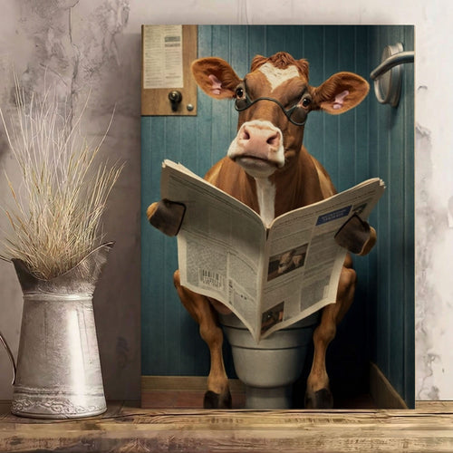 Cow Bathroom Wall Art Canvas Print Reading Newspaper on Toilet Funny Decor
