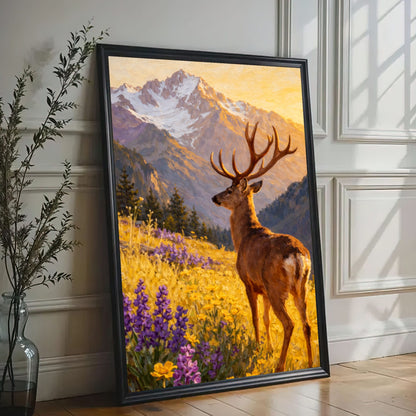 Mountain Deer Landscape Canvas Print Wildflower Meadow Lodge Wall Art