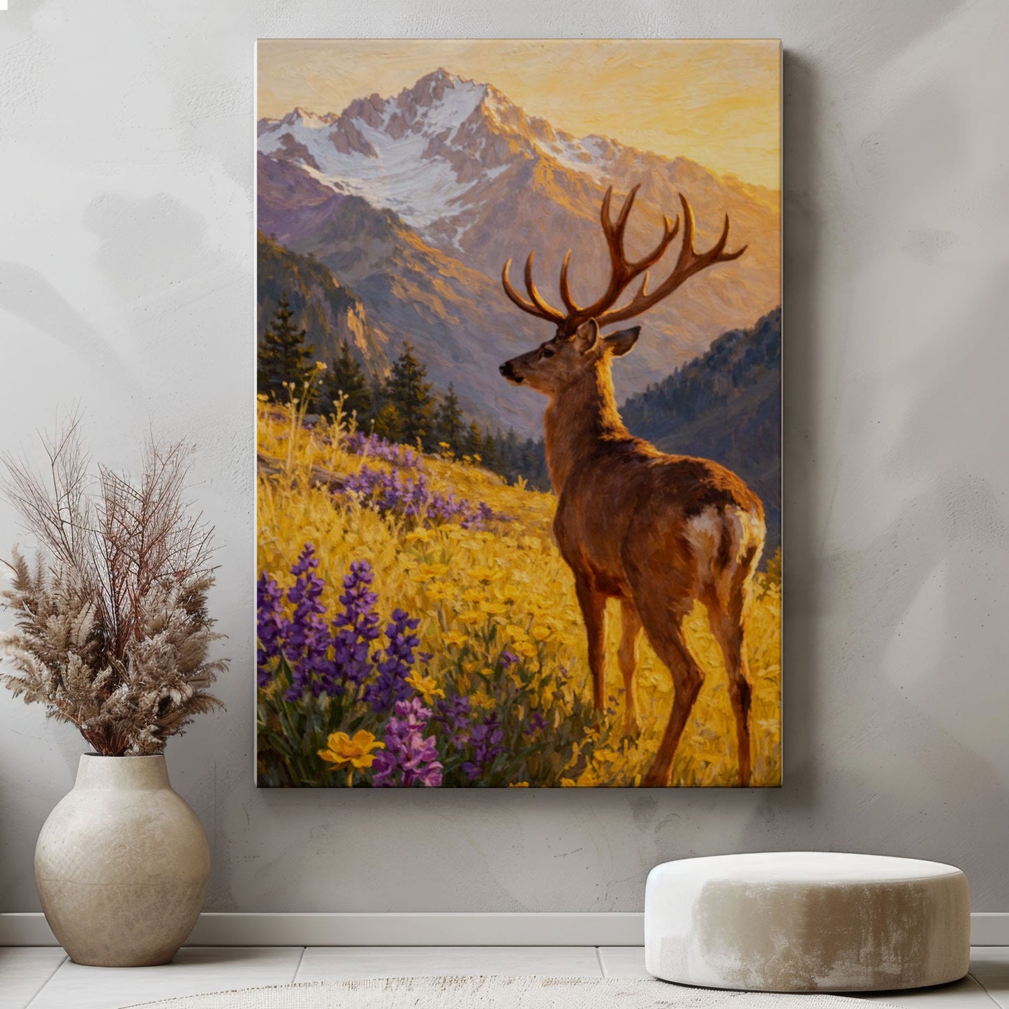 Mountain Deer Landscape Canvas Print Wildflower Meadow Lodge Wall Art