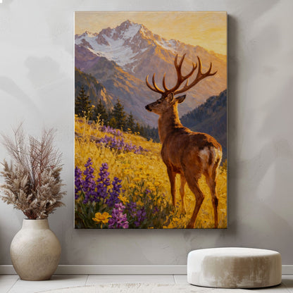 Mountain Deer Landscape Canvas Print Wildflower Meadow Lodge Wall Art