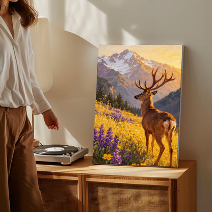 Mountain Deer Landscape Canvas Print Wildflower Meadow Lodge Wall Art