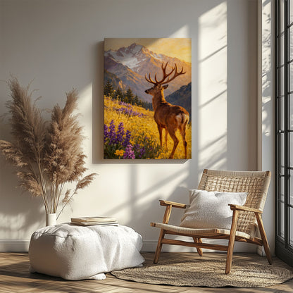 Mountain Deer Landscape Canvas Print Wildflower Meadow Lodge Wall Art