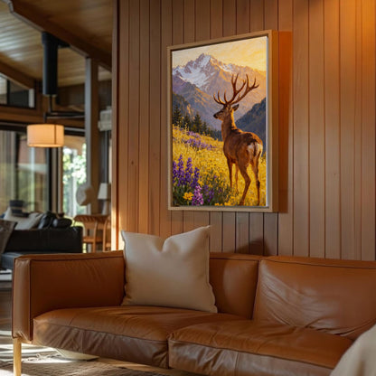 Mountain Deer Landscape Canvas Print Wildflower Meadow Lodge Wall Art