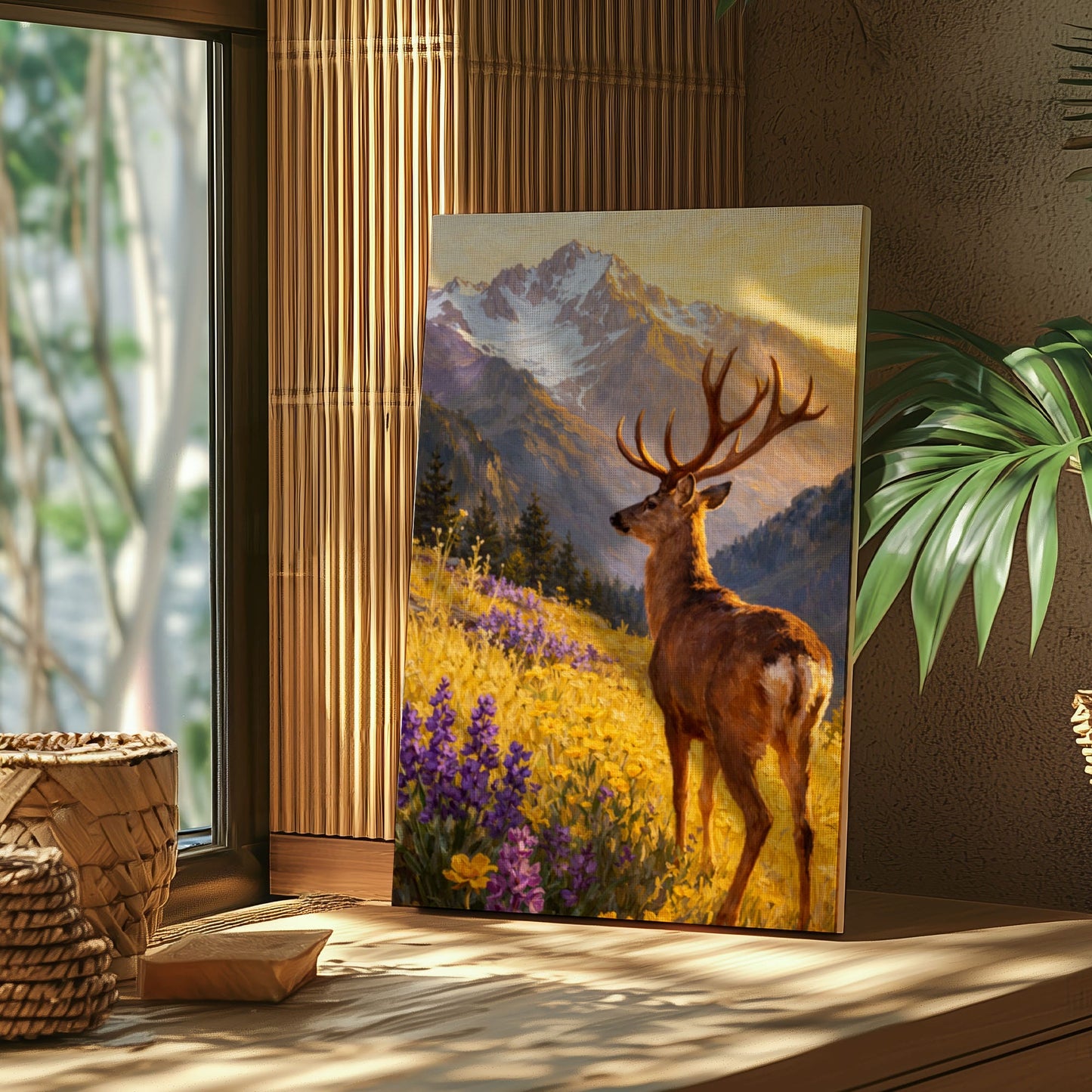 Mountain Deer Landscape Canvas Print Wildflower Meadow Lodge Wall Art