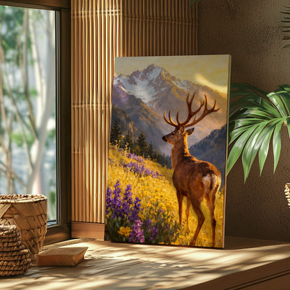 Mountain Deer Landscape Canvas Print Wildflower Meadow Lodge Wall Art