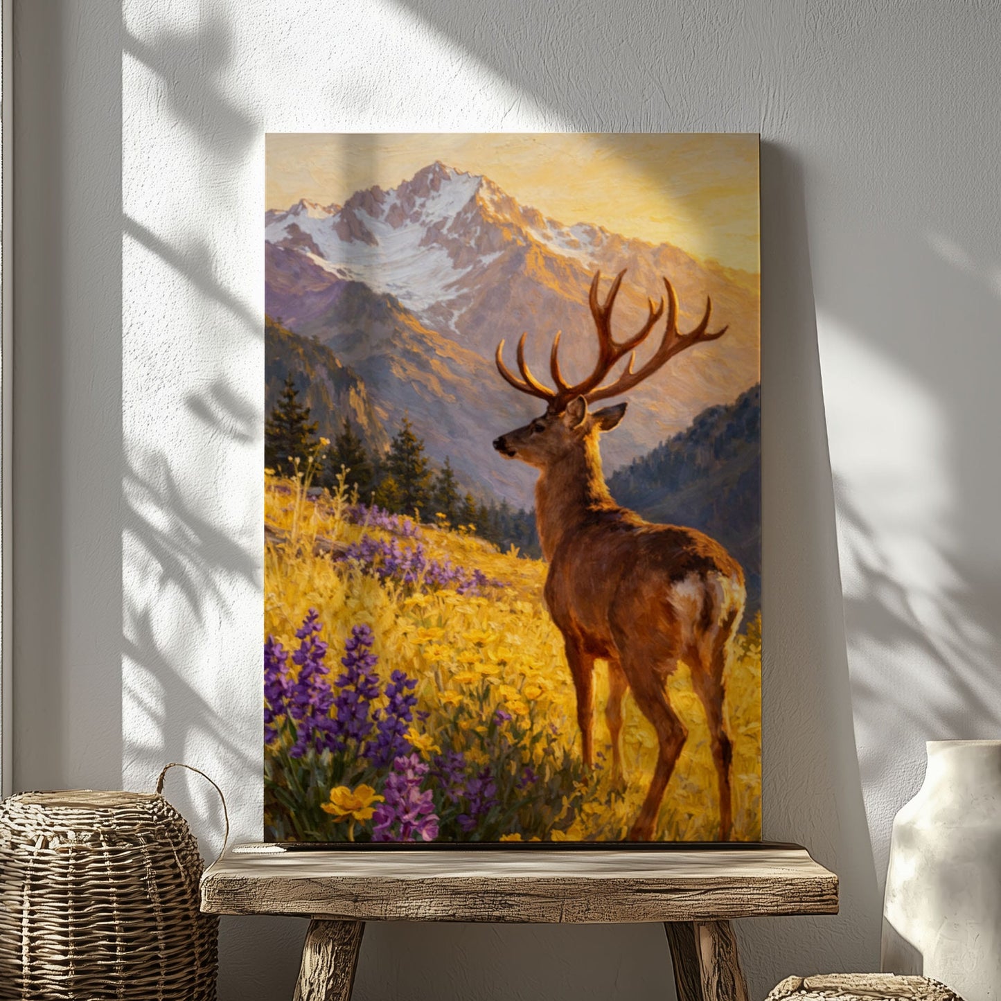 Mountain Deer Landscape Canvas Print Wildflower Meadow Lodge Wall Art