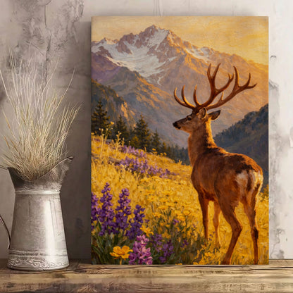Mountain Deer Landscape Canvas Print Wildflower Meadow Lodge Wall Art