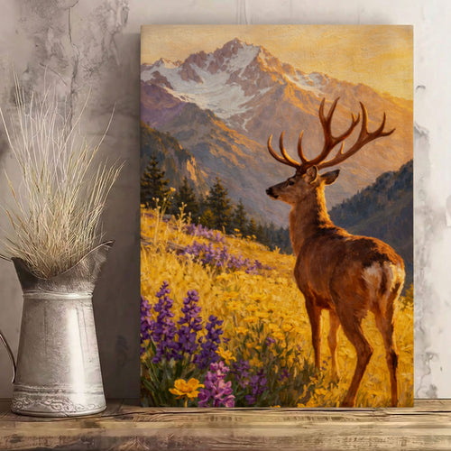 Mountain Deer Landscape Canvas Print Wildflower Meadow Lodge Wall Art