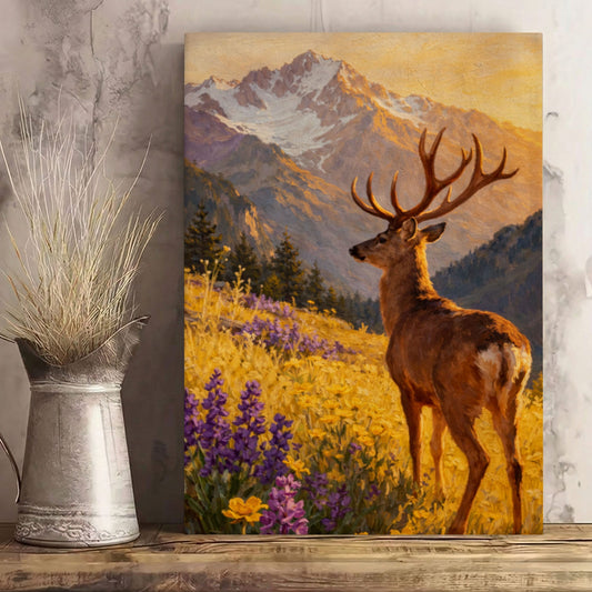 Mountain Deer Landscape Canvas Print Wildflower Meadow Lodge Wall Art