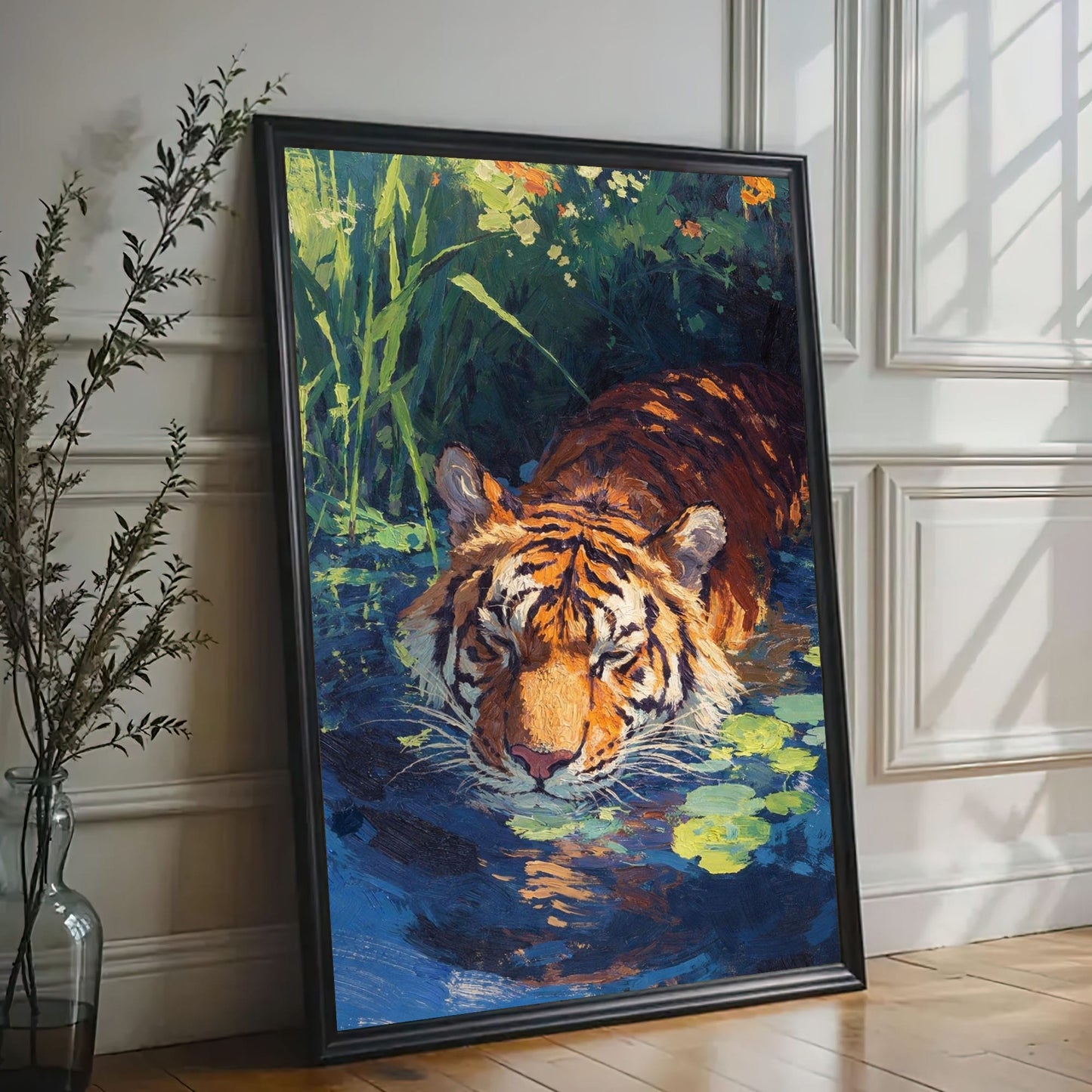 Tiger in Water Canvas Wall Art Wildlife Jungle Painting Decor