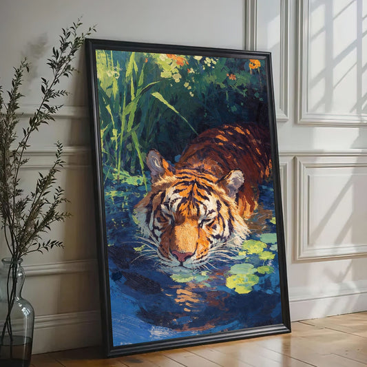 Tiger in Water Canvas Wall Art Wildlife Jungle Painting Decor