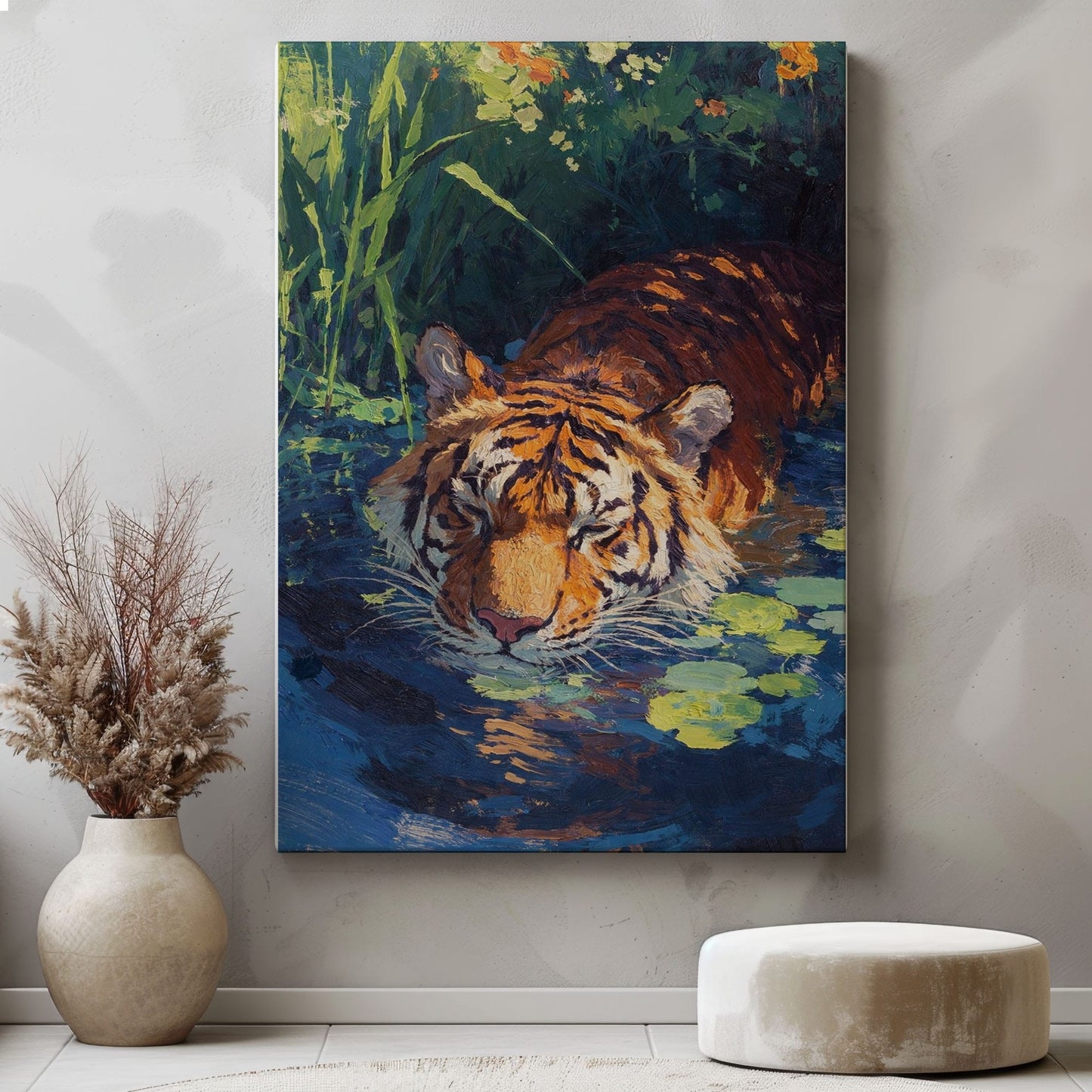 Tiger in Water Canvas Wall Art Wildlife Jungle Painting Decor