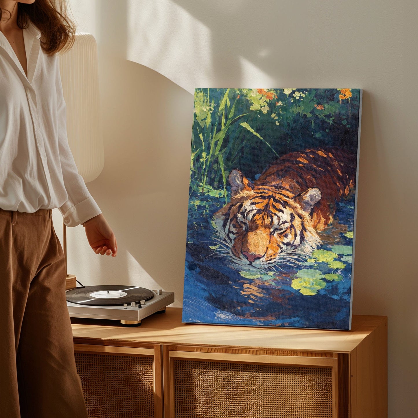 Tiger in Water Canvas Wall Art Wildlife Jungle Painting Decor