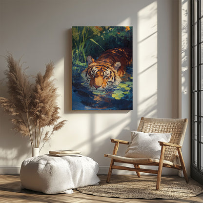 Tiger in Water Canvas Wall Art Wildlife Jungle Painting Decor