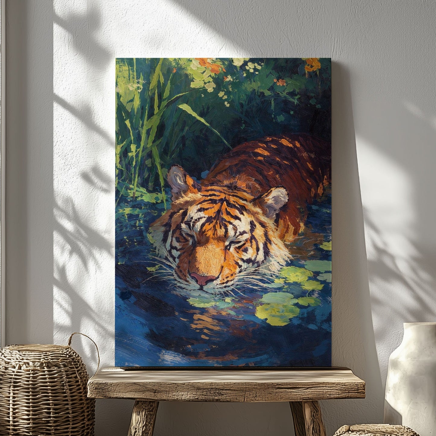 Tiger in Water Canvas Wall Art Wildlife Jungle Painting Decor