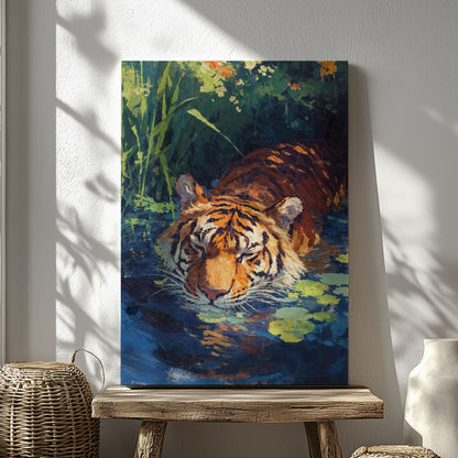 Tiger in Water Canvas Wall Art Wildlife Jungle Painting Decor