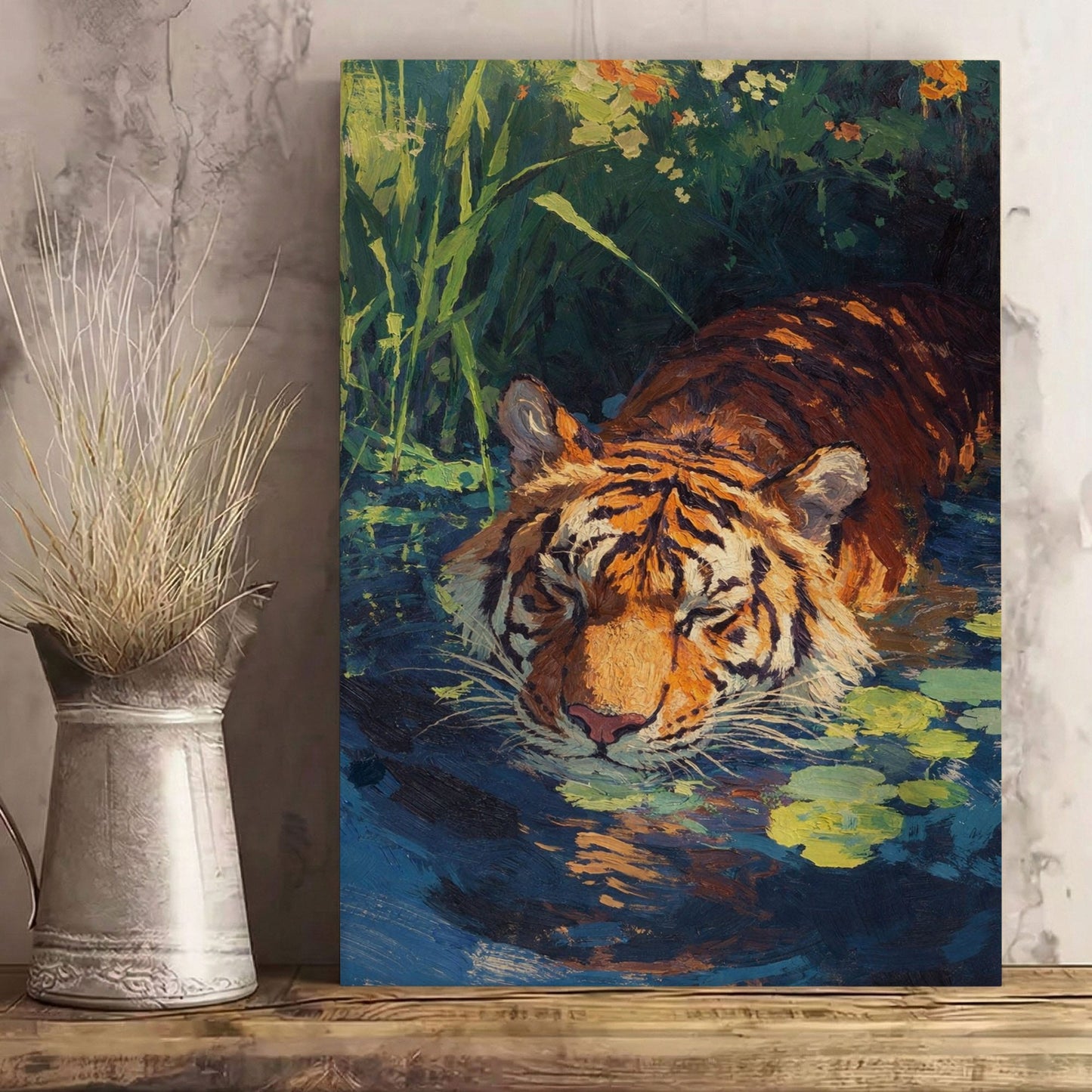 Tiger in Water Canvas Wall Art Wildlife Jungle Painting Decor