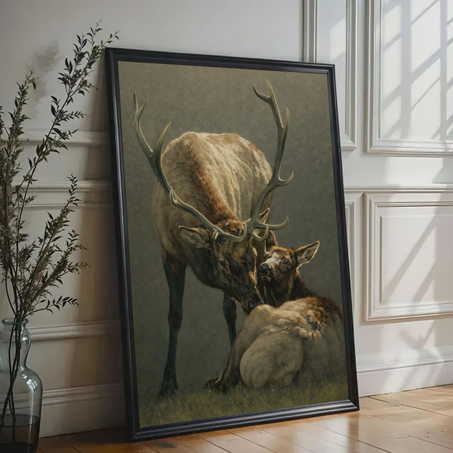 Elk Mother and Calf Canvas Wall Art Rustic Cabin Wildlife Decor