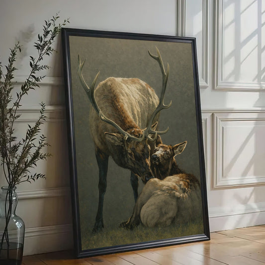 Elk Mother and Calf Canvas Wall Art Rustic Cabin Wildlife Decor