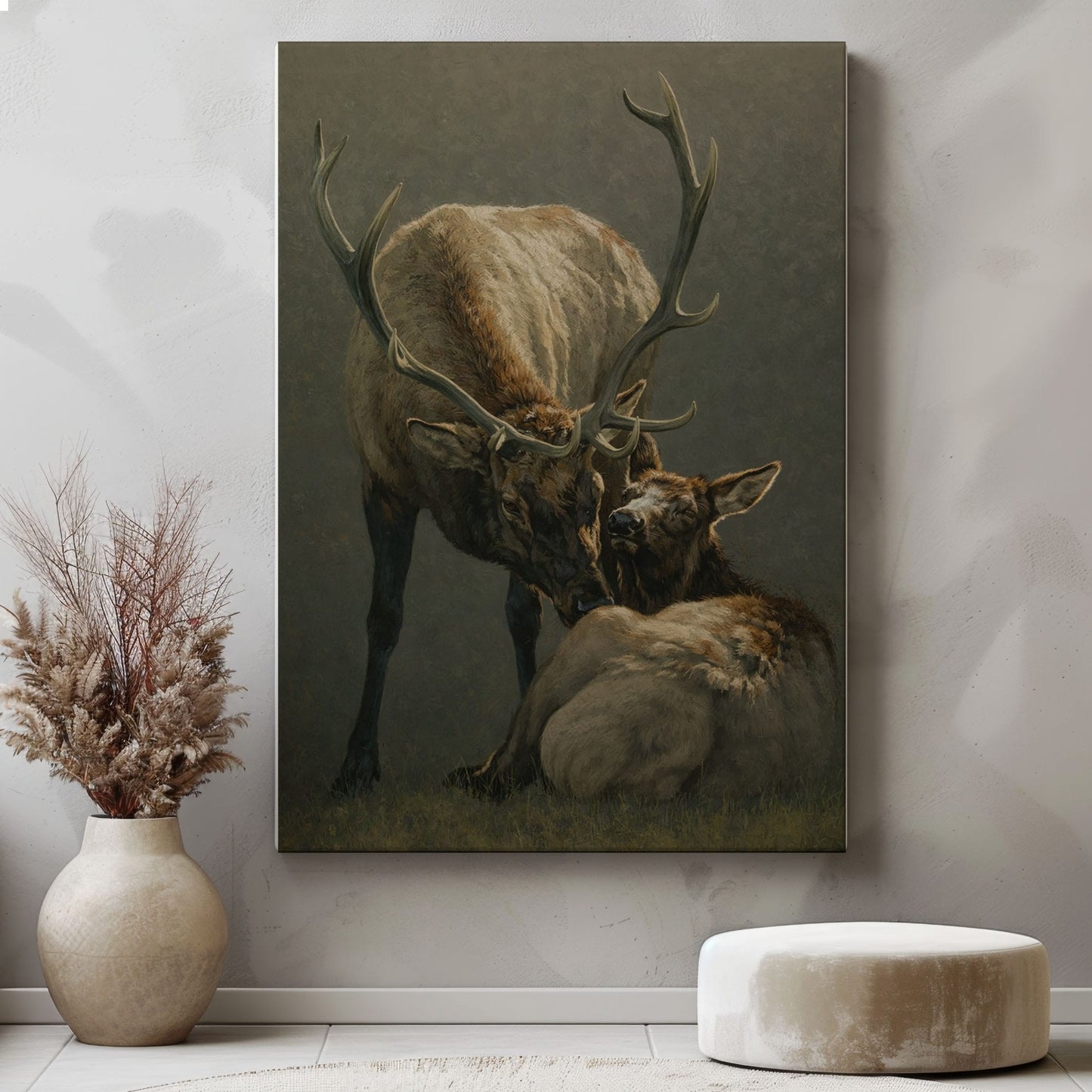 Elk Mother and Calf Canvas Wall Art Rustic Cabin Wildlife Decor
