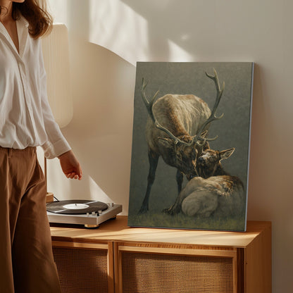 Elk Mother and Calf Canvas Wall Art Rustic Cabin Wildlife Decor