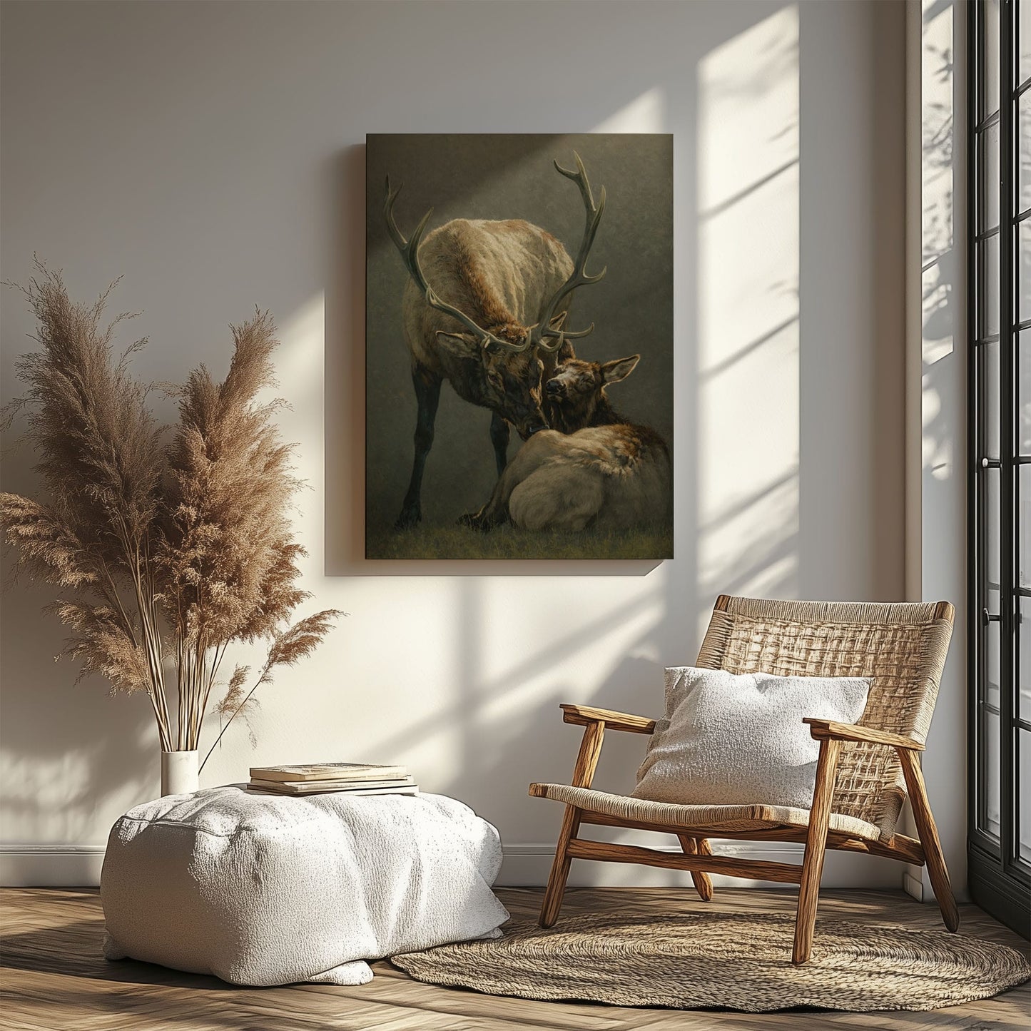 Elk Mother and Calf Canvas Wall Art Rustic Cabin Wildlife Decor
