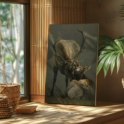 Elk Mother and Calf Canvas Wall Art Rustic Cabin Wildlife Decor